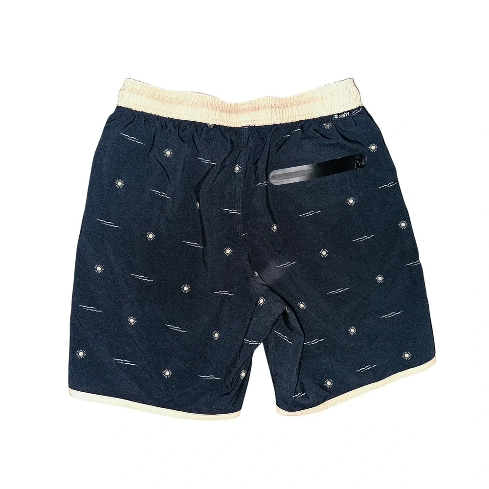 WB3‎ Jetty Mens Board Shorts Navy Blue Sun Wave Print Swim Trunks Size Medium